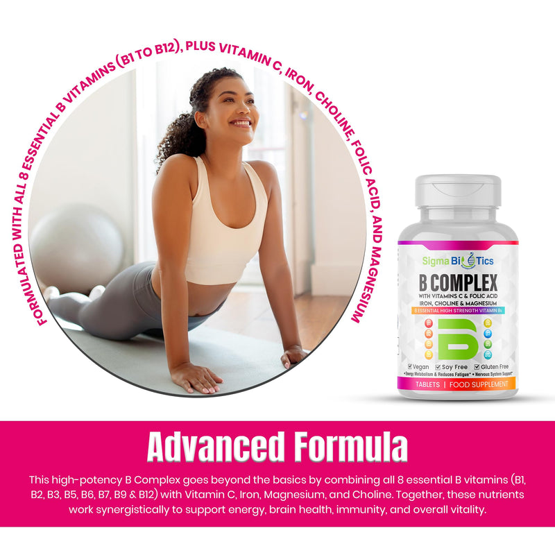 Vitamin B Complex with Vitamin C, Iron, Magnesium & Choline - High Potency B1-B12 Tablets - Energy, Metabolism & Nervous System Support - Vegan, Non-GMO - 90 Tablets