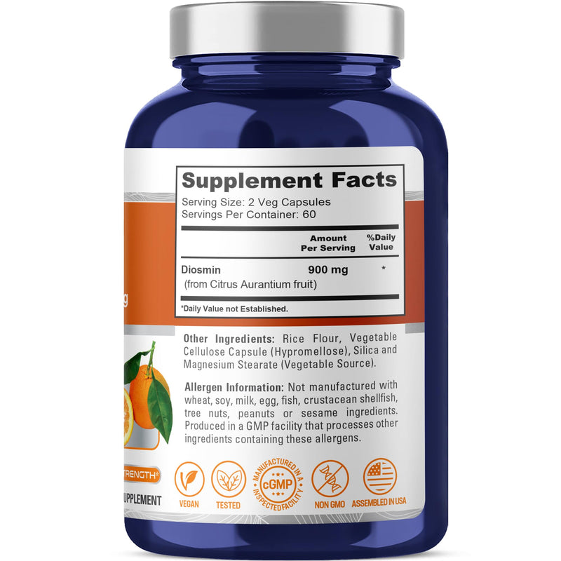 Diosmin, Non-GMO, Vegan, 900mg, 120 Vegetarian Capsules - 60 Servings | Dietary Supplement Formula, Diosmin Citrus Aurantium, Suitable for Adults, Manufactured in a cGMP Registered Facility USA