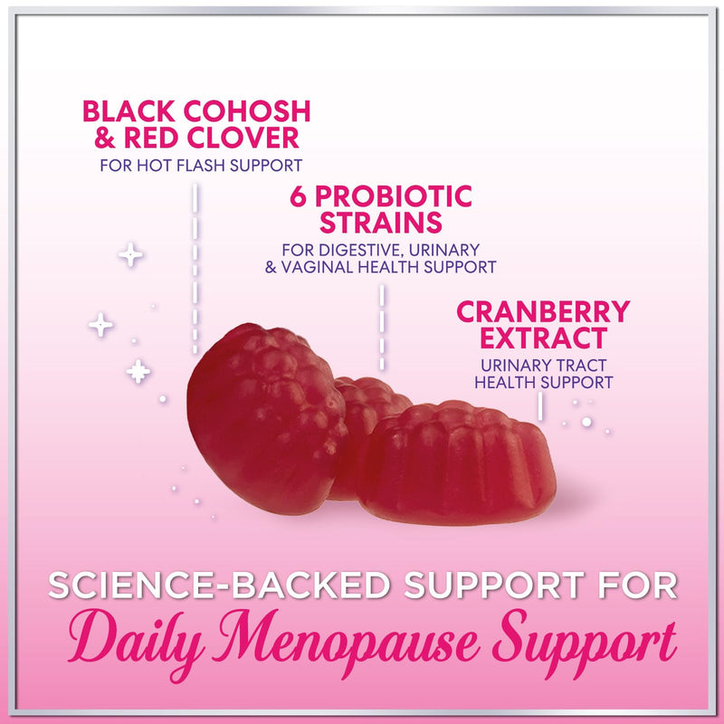 Menopause Supplements for Women Gummies - Black Cohosh, Cranberry, 3 Billion CFU Probiotics per Serving - Complete Menopause Relief for Hot Flashes, Night Sweats, Vaginal Health Support - 60 Gummies
