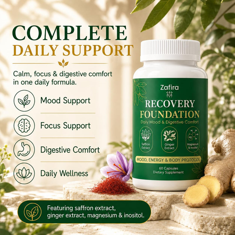 Zafira Organics Recovery Foundation Capsules, Saffron Extract Supplement with L-Theanine, Myo-Inositol, Magnesium Bisglycinate & Ginger for Mood, Focus & Daily Wellness Support, 60 Capsules