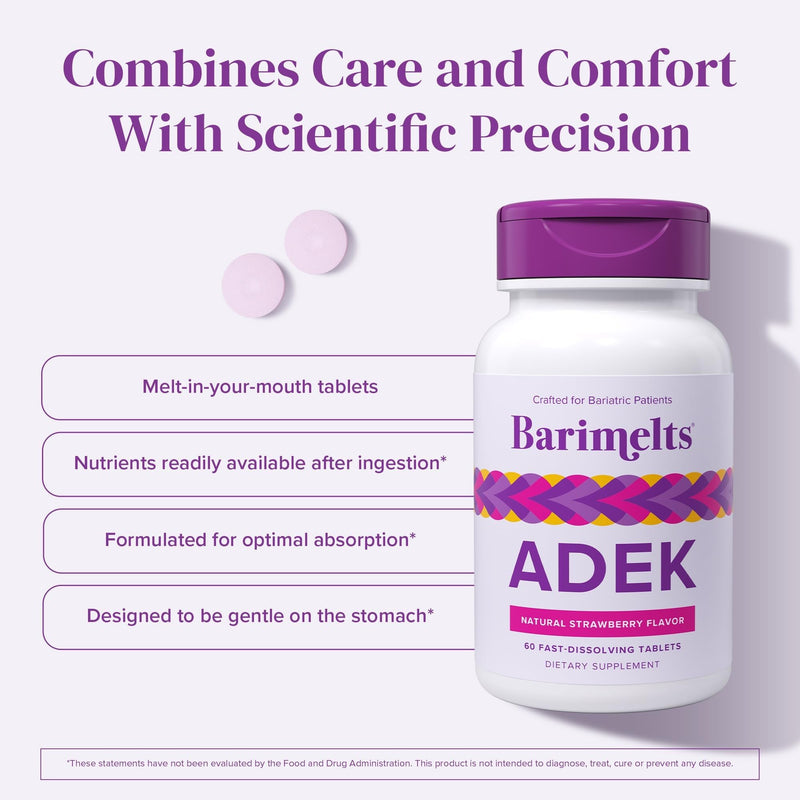 BariMelts ADEK - 120 Fast-Dissolving Tablets (4-Month Supply) - Sugar-Free Bariatric Vitamins for Women Including Vitamin A, Vitamin D, Vitamin E & Vitamin K, Natural Strawberry Flavor 60 Count (Pack of 2)