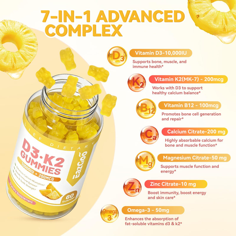 Vitamin D3 K2 Gummies - 10000IU D3 + 200mcg K2 (MK-7) - 60 Count | Sugar Free, with Calcium Citrate & Vitamin B12, Vegan, Non-GMO, Gluten Free