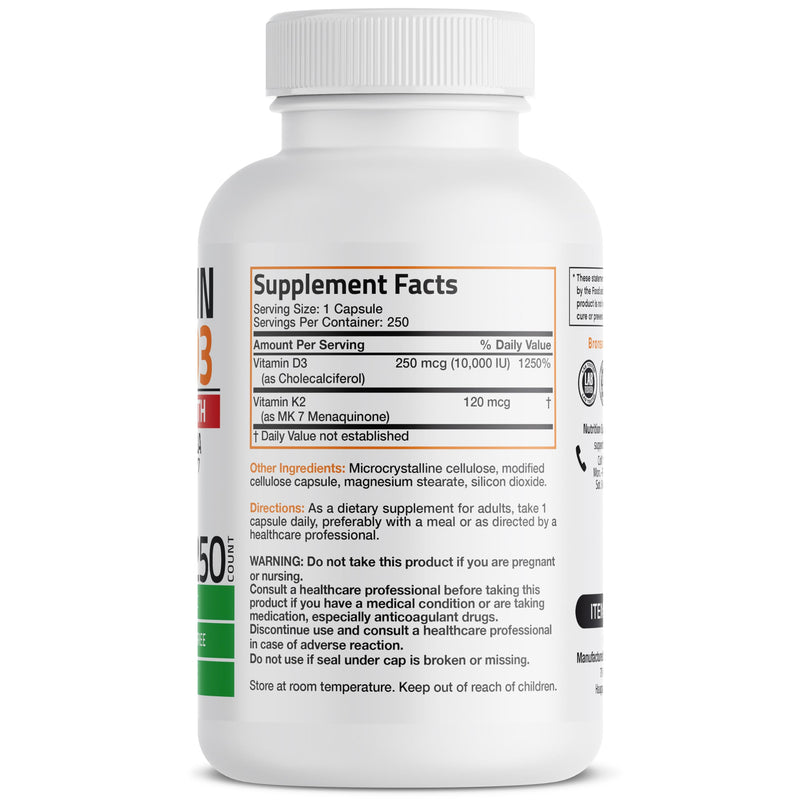 Bronson Vitamin K2 D3 (MK7) Extra Strength D3 & K2 Complex, 250 Capsules | Bone, Immune & Heart Health Support, Gluten Free, Soy Free, Non-GMO, Vitamin D3 10,000IU (250 mcg) & 120 mcg K2 MK-7 250 Count (Pack of 1)