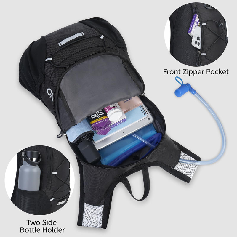 Lightweight Hydration Backpack, Running Backpack with 2L Water Bladder, Hydro Water Daypack for Cycling Hiking Rave for Men Women Black