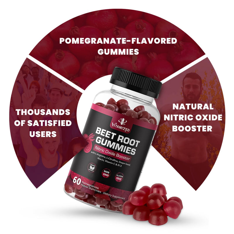 Beet Root Gummies w Grape Seed - Vitamin C, B12, L-Arginine & L-Citrulline | for Circulation Flow & Heart Healthy Energy - Pomegranate Flavor, 60 Count Potent