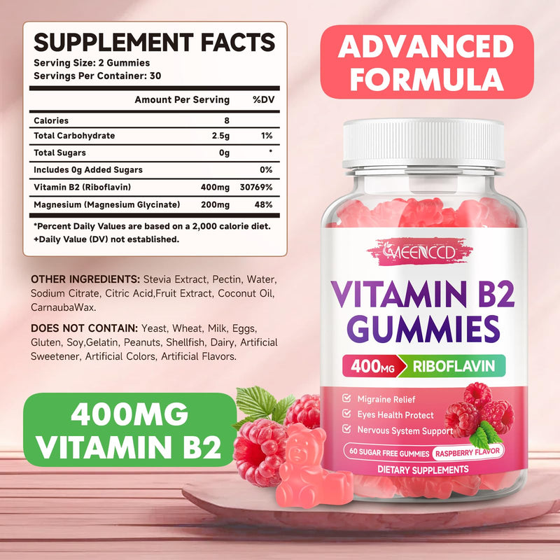 MEENCCD 2 Pack Vitamin B2 Gummies Riboflavin 400mg Supplement with Magnesium for Kids & Adults, B2 Gummies for Migraine Relief Support, Vegan, Sugar-Free, Raspberry Flavor, 120 Count 60 Count (Pack of 2)
