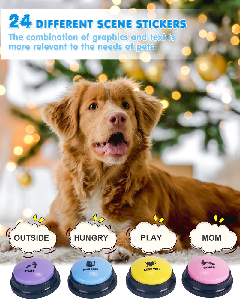 Dog Buttons for Communication, 4 Dog Talking Button Set, Speaking Buttons for Cats and Dogs, 30s Voice Recordable Pet Training Buzzer with Waterproof Dog Activity Mat and 24 Scene Stickers 4Pack - BeesActive Australia