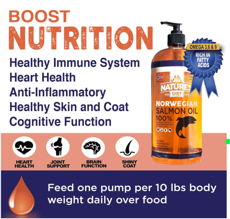 Nature's Diet Pet 32 oz Norwegian Salmon Oil Dogs & Cats - Natural Support for Joint Function Immune Heart Health Appetite Skin & Coat Omega 3 6 9 Liquid Food Topper EPA DHA Fatty Acids - PawsPlanet Australia