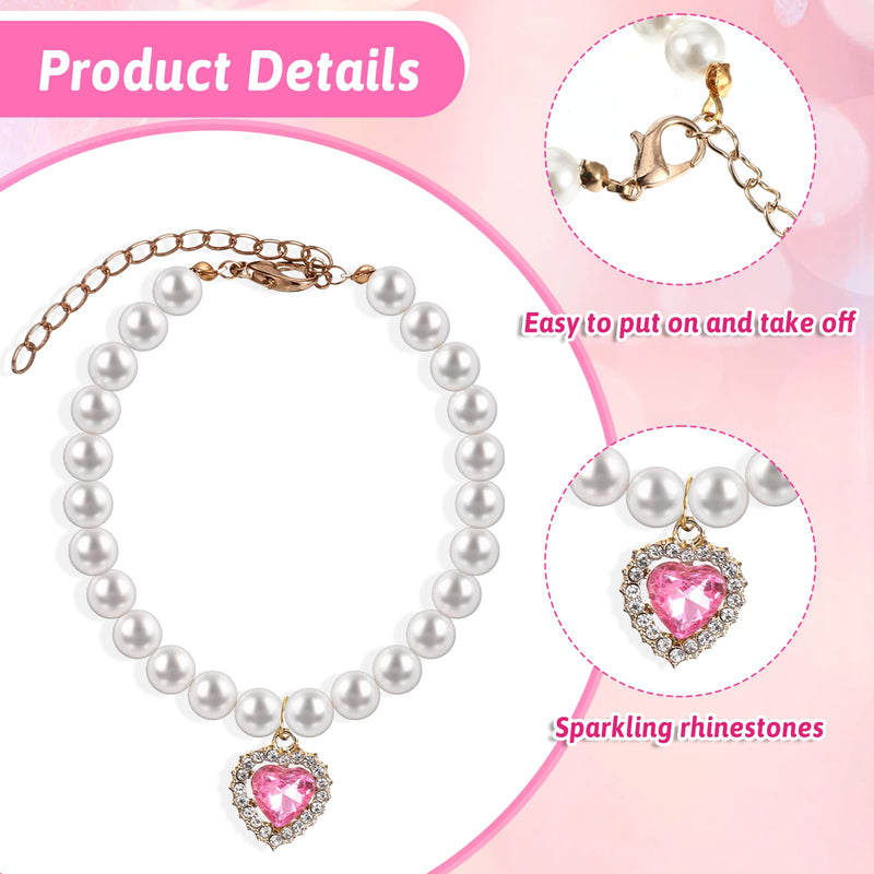 2 PCS Cat Dog Pearl Collar with Rhinestone Heart Pet Jewelry Small Heart Shape Rhinestone Pet Necklace, Adjustable Birthday Wedding Collar for Puppy Small Cats- White & Pink - BeesActive Australia