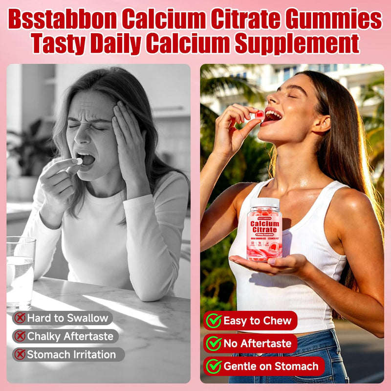 Calcium 1200 mg with Vitamin D3 Gummies: Calcium Citrate Gummies | Extra Strength with Vegan Vitamin D3 5000IU K2 125mcg - Organic Chewable Sugar Free - Easy to Digest for Adults (120Count) Strawberry 60 Count (Pack of 2)