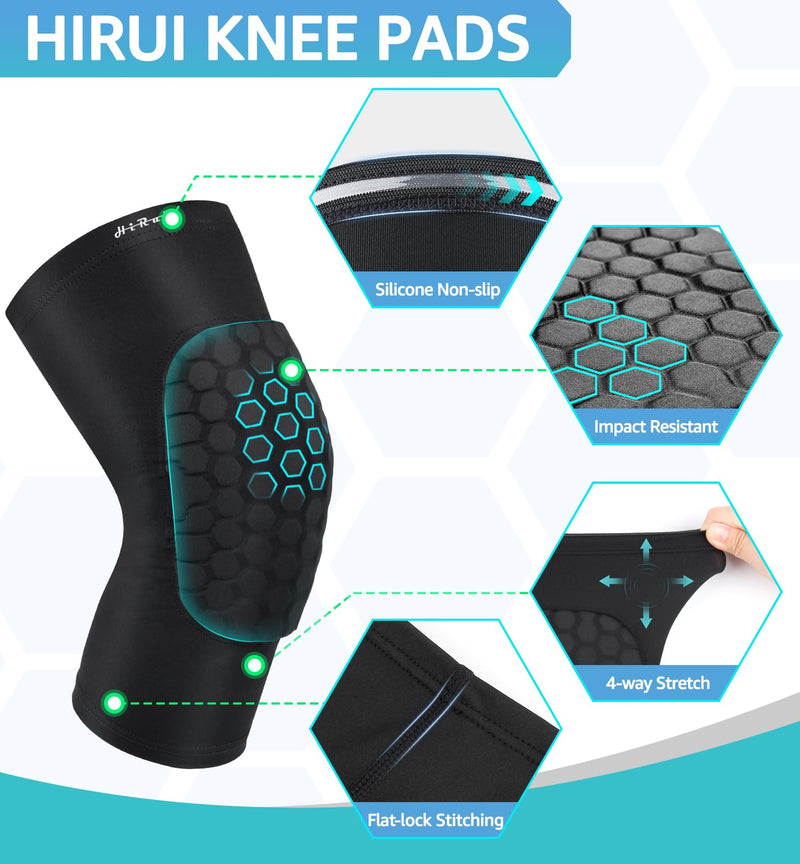 HiRui Knee Pads for Kids Youth Adult, Basketball Baseball Knee Brace Knee Support, Collision Avoidance Kneepad Compression Knee Sleeve for Volleyball Football Cycling Running-1Pair (Black, L) Black Large - BeesActive Australia