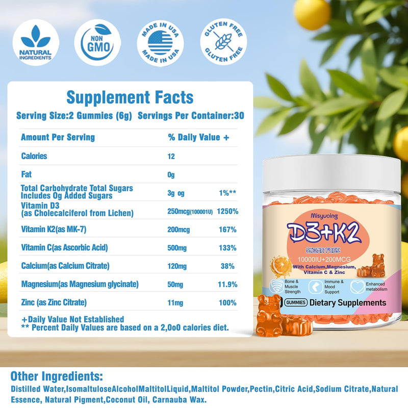 Vitamin D3 K2 Gummies,Vitamin D3 10000 IU with K2 200mcg,VitaminC,Calcium,Magnesium,Zinc,Support for Bones,Joints,Muscles,Nerves,and Immune System (60,Orange,Sugar-Free) Orange