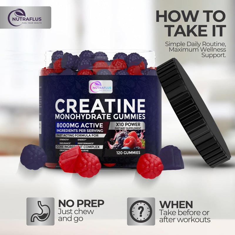 Creatine Monohydrate Gummies 8000mg, Vegan, Berry Flavor, 120 Count | Creatine Monohydrate Gummies for Men & Women, Creatine Gummies with BCAA, Taurine, L-Carnitine & Vitamin B12 – Made in USA