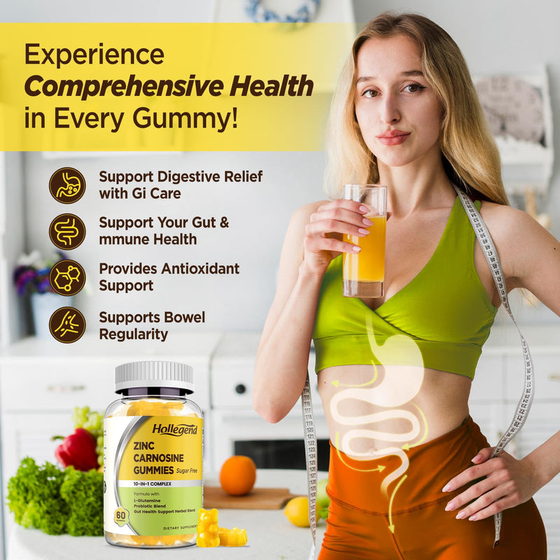 Zinc Carnosine Supplement, Organic Zinc-Carnosine 75mg | with L-Glutamine, DGL, Probiotic & Herbal Blend, Gut & Digestive Health Support, Bloating Relief,Vegan,Sugar Free,60 Gummies