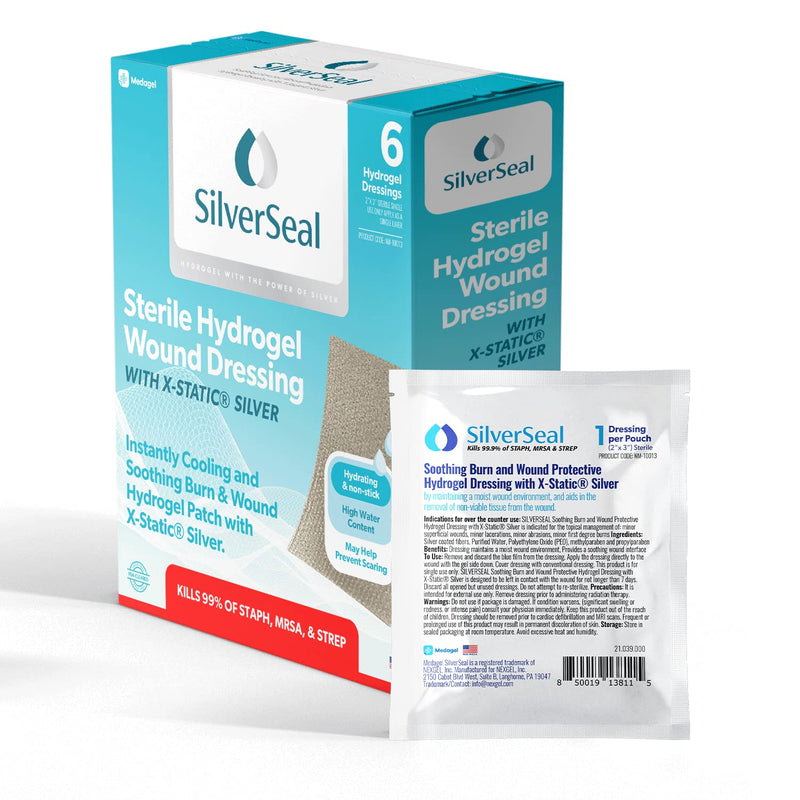 SilverSeal Burn and Wound Dressing, Hydrogel Pads with X-Static Silver, Soothing, Moist & Protective for Burns, Cuts & Wounds, 2" x 3" Sterile Dressings, 6 Count 2"x3" Patch (6 Count) - BeesActive Australia