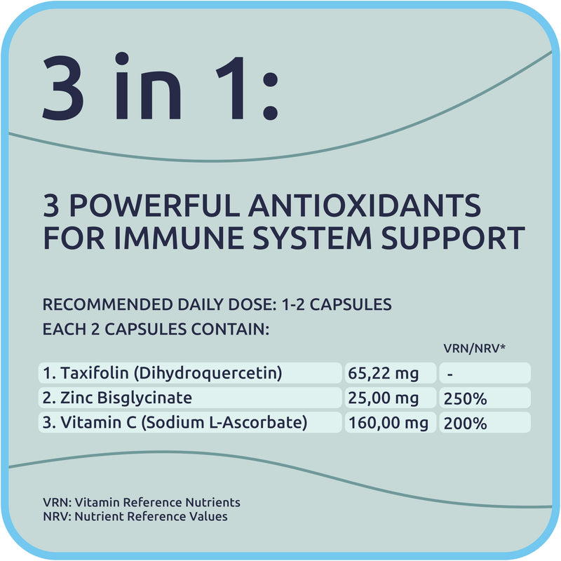 Taxifolin (Dihydroquercetin) + Vitamin C + Zinc – 500 mg, 60 Vegan Capsules – Antioxidative Cell Protection + Immune System Support
