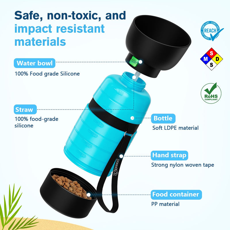 Pecute Upgraded 22 oz Dog Water Bottle with 5 oz Food Container, Portable Dog Travel Water Bottle Dispenser, Leakproof, BPA Free, Lightweight, Pet Water Bottle Bowl for Outdoor Walking Hiking Camping 22 oz + 5 oz Blue - BeesActive Australia