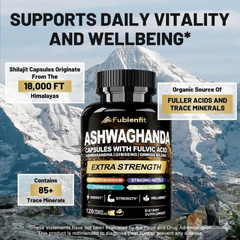 Ashwagandha Supplements,Premium Himalayan Shilajit Capsules for Men,120Ct | Capsule Formula with Ginseng & Fulvic Acid 120 Count (Pack of 1) Ashwagandha