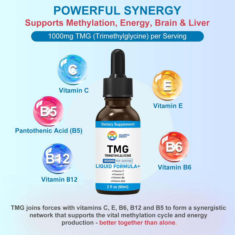 7c TMG Liquid Supplement 1000 mg with Vitamin C, E, B6, B12-2 fl oz | Trimethylglycine betaine for methylation, homocysteine metabolism, liver and energy, vegan, non-GMO, gluten-free