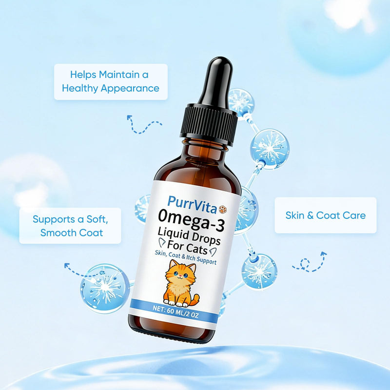 PurrVita Omega-3 Liquid Drops for Cats – Supports Healthy Skin & Coat, Natural Fish Oil Supplement for Feline Wellness 60ml (1) 1