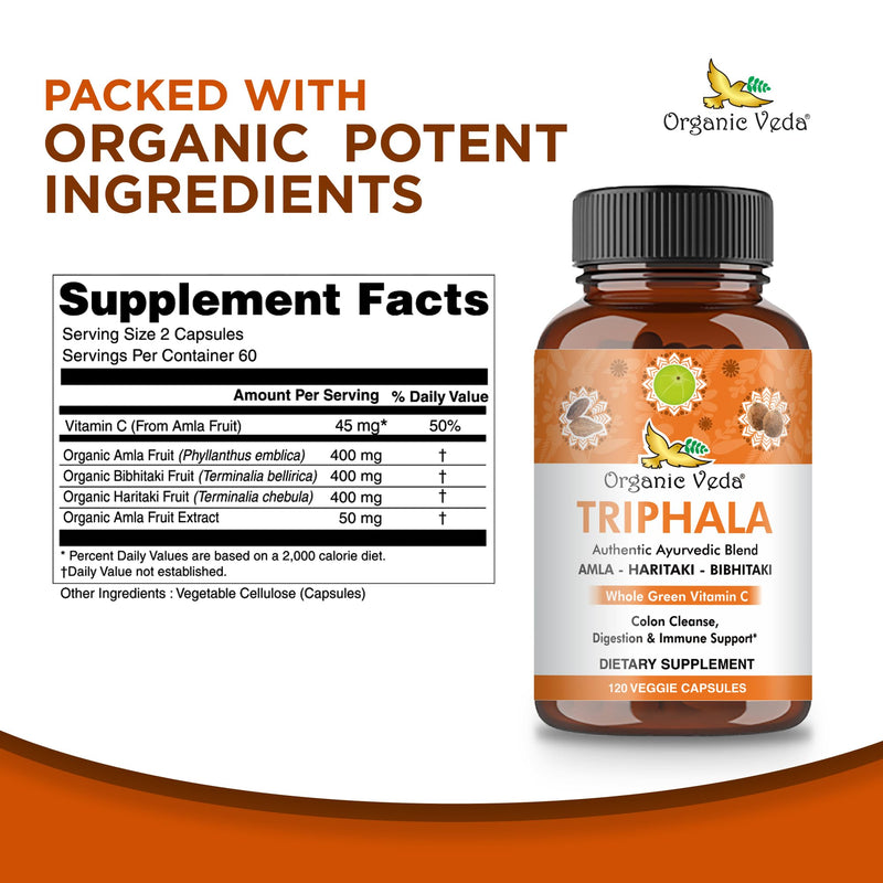 Organic Veda Triphala Capsules with Natural Amla, Haritaki, Bibhitaki Fruits - Herbal Triphala Powder Dietary Supplement for Colon Cleanse, Digestive, Immune Support - Vegan, Gluten Free - 120 Count - BeesActive Australia