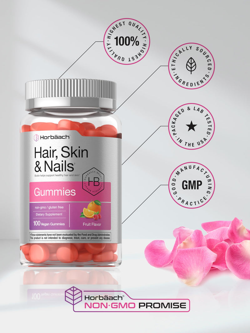 Horbäach Hair Skin and Nails Gummies | 100 Count | with Biotin | Fruit Flavored Vitamins | Non-GMO, Gluten Free Supplement 100 Count (Pack of 1)