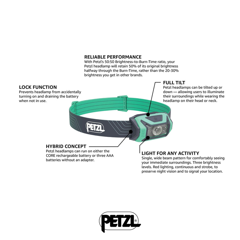 PETZL Tikka Headlamp - Compact 350 Lumen Light with Red Lighting, for Hiking, Climbing, Running, and Camping - Green