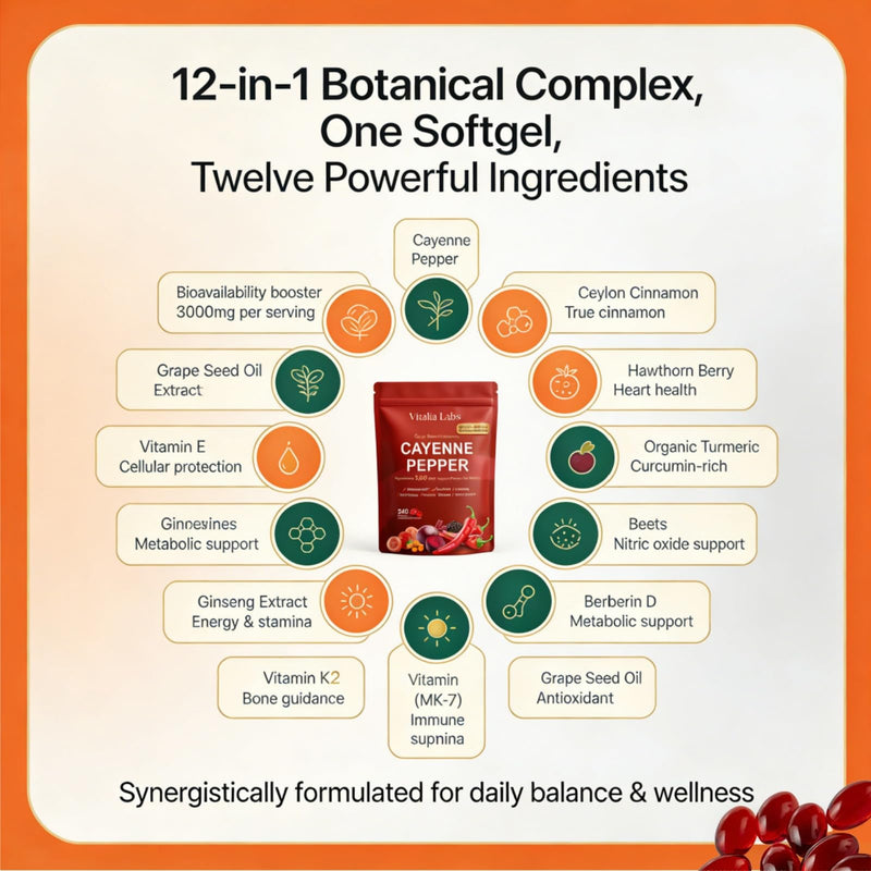 Vitalia Cayenne Pepper Softgels, Supplement with Vitamin E, D3+K2-240 Count