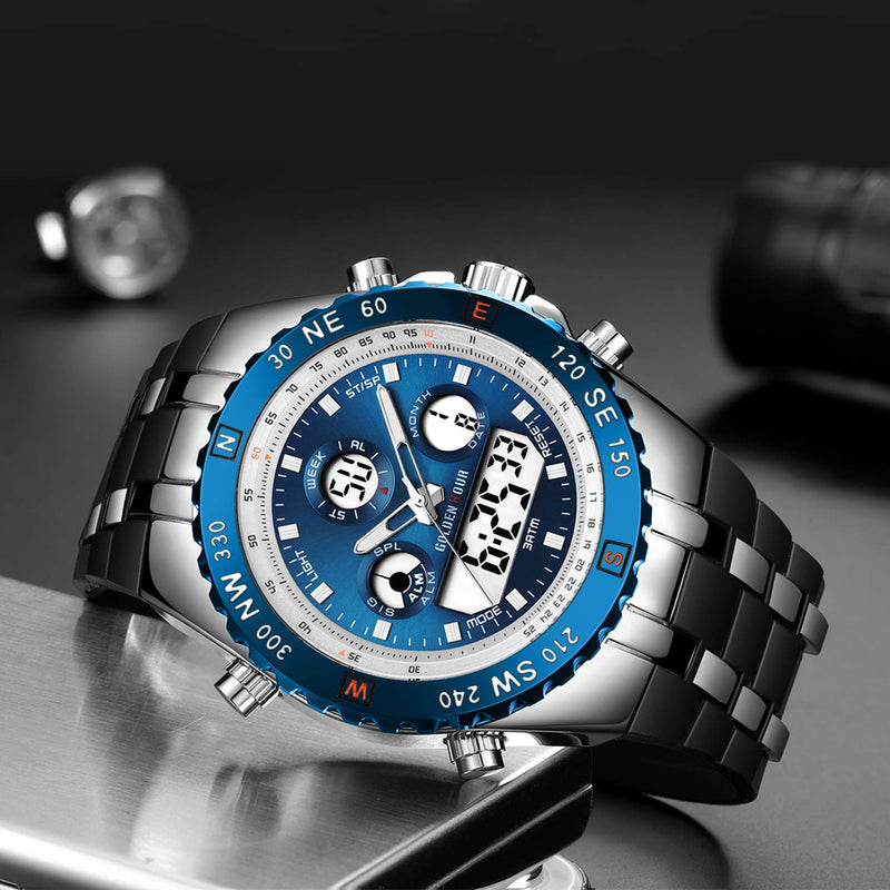 GOLDEN HOUR Luxury Military Sports Men's Watches Large Size Big Face 3ATM Waterproof, Stopwatch, Date and Date, Alarm, Luminous Digital Analog Wrist Watch with Rubber Band silver blue