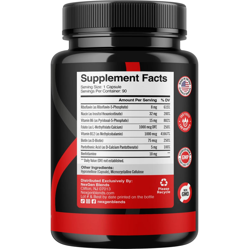 Methylated B Complex Vitamin Supplement - Bioactive Methyl B Complex with 5-MTHF Methyl Folate & B12 Methylcobalamin for Brain Heart Energy & Homocysteine Support - Super Vitamin B Complex - 90 Caps 90 Count (Pack of 1)