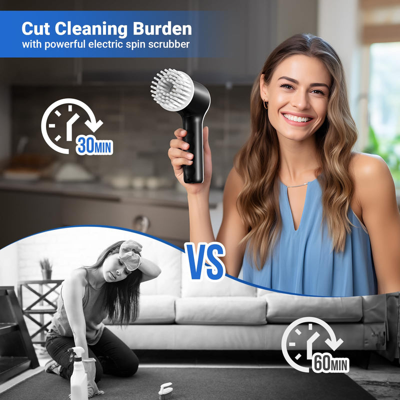 Electric Spin Scrubber, Cordless Shower Scrubber with Battery Level Display, 2 Speeds Electric Scrubber for Cleaning with 6 Replaceable Heads, Electric Cleaning Brush for Bathroom/Sink/Window White - BeesActive Australia