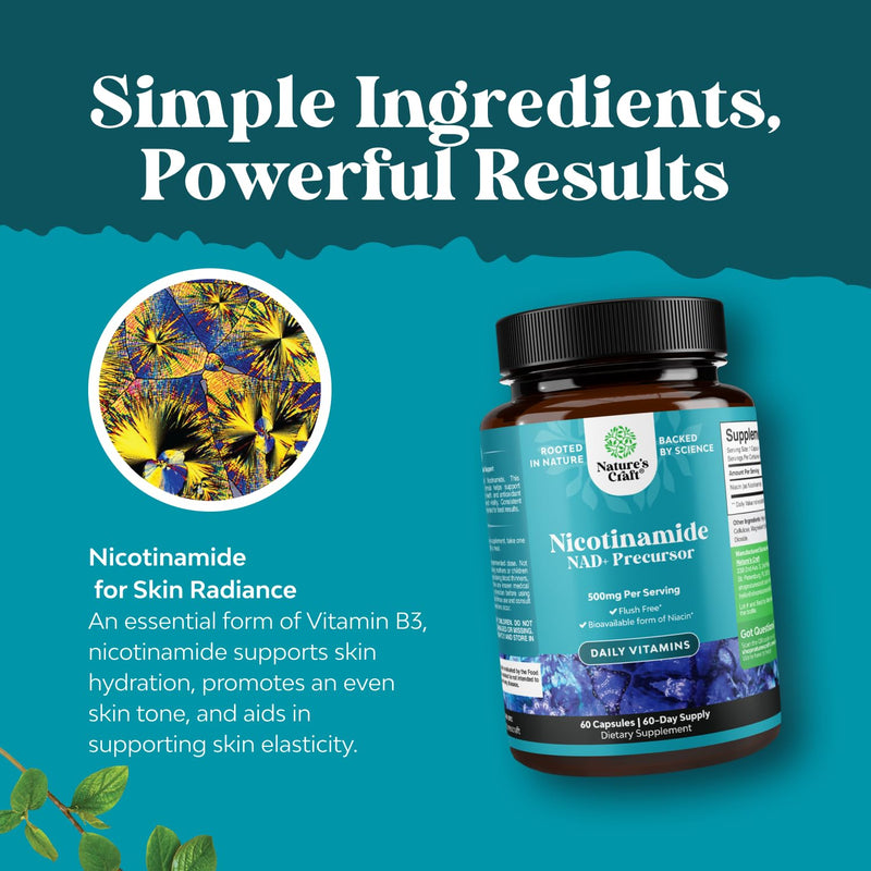 Vitamin B3 Niacinamide 500mg Capsules - Mitochondrial Energy and Potent Skin Supplement - Vitamin B3 Niacin Flush Free and Nicotinamide 500mg - Flush Free Niacin Supplement - 60 Count 60 Count (Pack of 1)