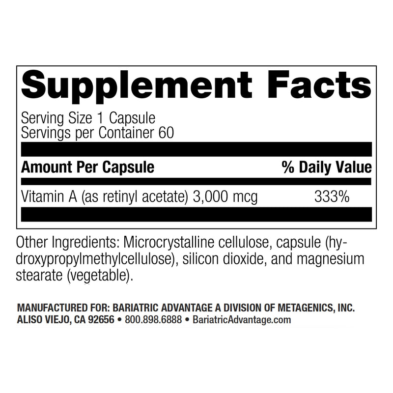 Bariatric Advantage Vitamin A 3,000 mcg - for Bariatric Surgery Patients - Easy-Digest Mini Capsules - Vitamin A Supplements - Eye Health Support* - 60 Count (Pack of 2) 60 Count (Pack of 2)