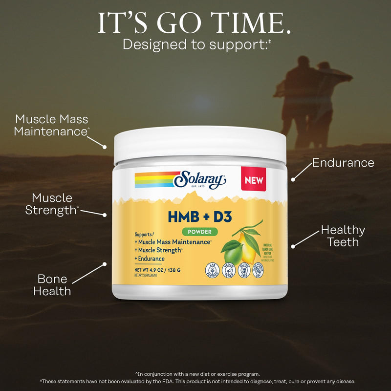SOLARAY HMB Plus D3 - HMB Supplements for Men and Women with Vitamin D3 - Hydroxymethylbutyrate Calcium Supplement for Muscle Strength - Natural Lemon Lime Powder - 30 Servings, 4.9 OZ