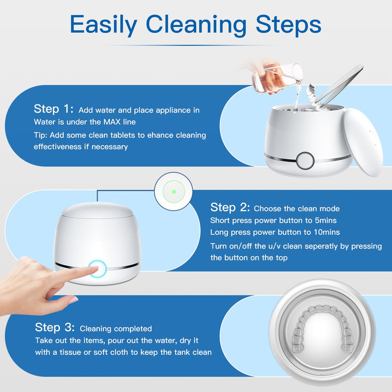 Ultrasonic Retainer Cleaner, 45kHz Denture Cleaner Machine, 5min and 10min Modes with Rechargable Top Cover, 200ml Dental Cleaning Pod, MouthGuard Cleaner for Aligner NightGuard Jewelry(White) White - BeesActive Australia