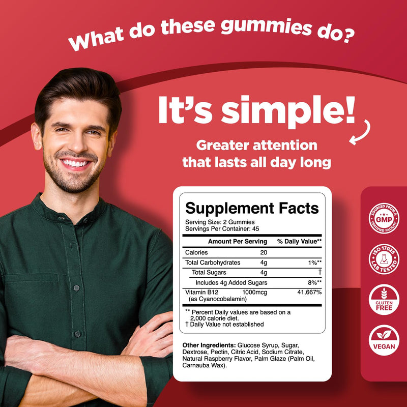 Phytoral Vitamin B12 Gummies for Adults - Vitamin B12 1000 mcg Chewable Gums for Energy & Mood Support Immune & Nerves Health - Non-GMO & Gluten Free Supplement for Women & Men - 90 Count | Nootropic gummy vitamins for adults with B vitamins & herbal b...