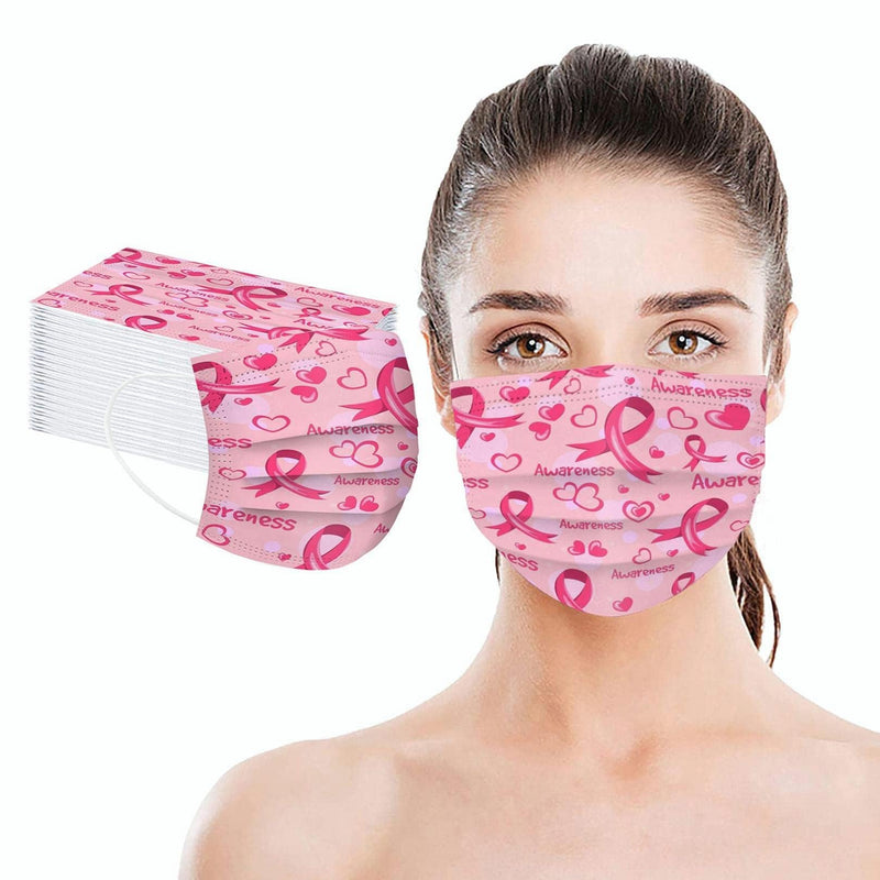 50 Pack Pink Ribbon Disposable Face Mask - Commemorative Breast Cancer Awareness Masks for October Love Your Breast Day Events & Charity Walks