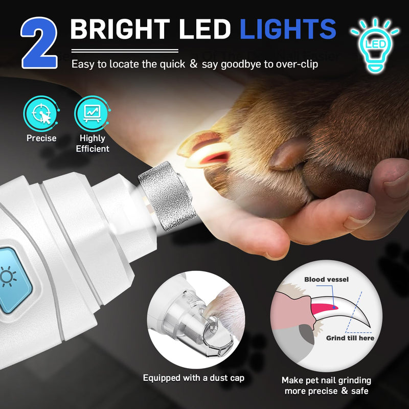 Dog Nail Grinder Super Quiet Dog Nail Trimmers 3 Grinding Wheels 3 Speed 3 Ports Rechargeable Pet Nail Grinder for Dogs with LED Display Dog Nail Clippers Kit for Large Medium Small Dogs Cats (White) White - BeesActive Australia