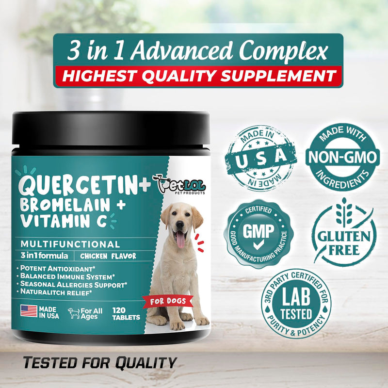 Quercetin for Dogs with Bromelain and Vitamin C | 3-in-1 Supplement for Dog Allergies, Immune Support, Itch Relief, Promote Inflammatory Relief & Antioxidant Activity | 120 Chewable Tablets - PawsPlanet Australia