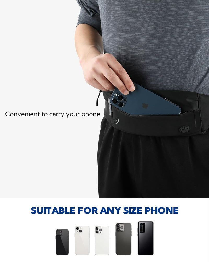 WATERFLY Running Belt Fanny Pack: Runner Marathon Jogging Waist Pack Sport Workout Exercise Fitness Phone Holder Belt for Men Women Jogger Slim Waist Bag Black