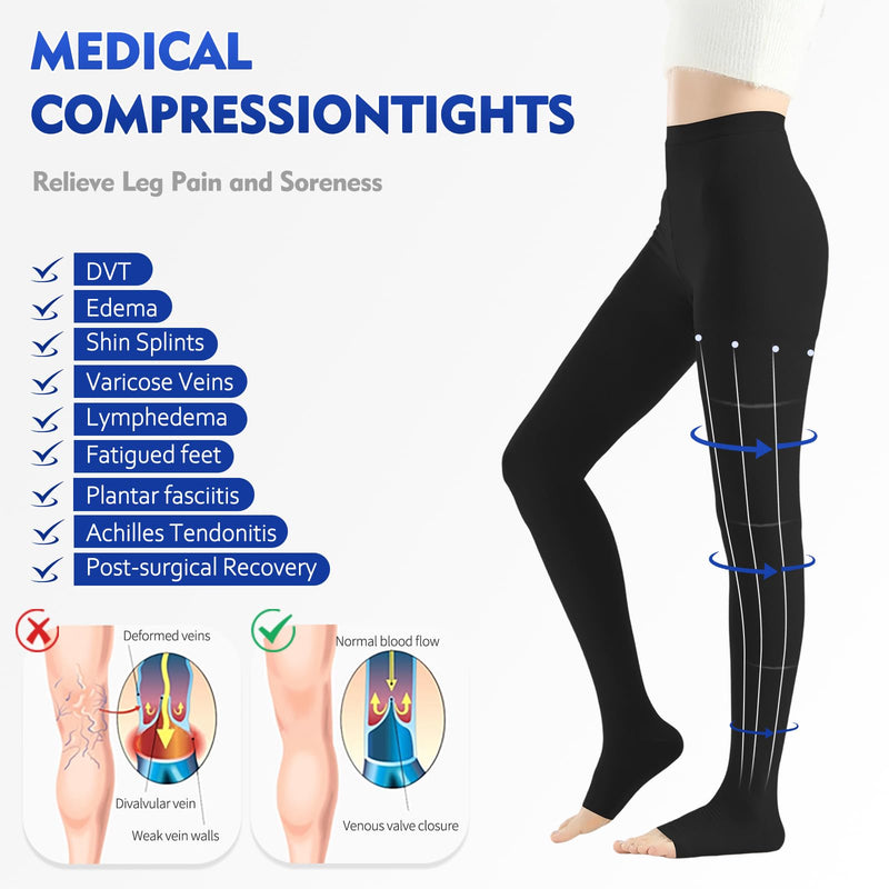 Medical Compression Pantyhose Stockings for Women & Men, 20-30mmHg Graduated Support Hose Tights,Opaque Waist High Compression Stockings & Leggings For Medical,Athletic,Travel Use Medium Open Toe Black