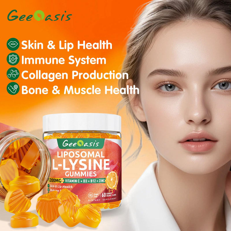 Liposomal L-lysine Gummies 1200mg, 60CT | Lysine Chewable Supplement with Vitamin C, D3, B12 & Zinc, For Adults & Kids, Immune & Collagen Support, Lips & Skin Health 60 Count (Pack of 1)