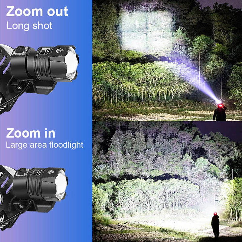 LED Headlamp Rechargeable, Super Bright Head lamp Zoomable 4 Modes Waterproof Headlight with Batteries Included,Brightest Headlamps for Adults Hunting Camping,Hiking,Exploration 1200 lumens