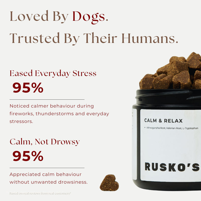 Rusko's Calming Supplement for Dogs | Supports Anxiety Relief, Stress & Nervous Behaviour | Ashwagandha, Valerian Root & L-Tryptophan | 120 Soft Chews