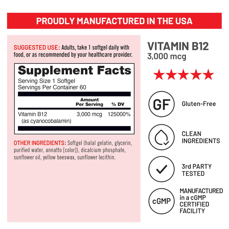 NatureWise Vitamin B12 3000 mcg - Extra Strength - Supplement for Supporting Energy Levels, Mental Clarity, Nervous System Health - Easy-to-Swallow, Soy and Gluten-Free, Non-GMO - 60 Softgels