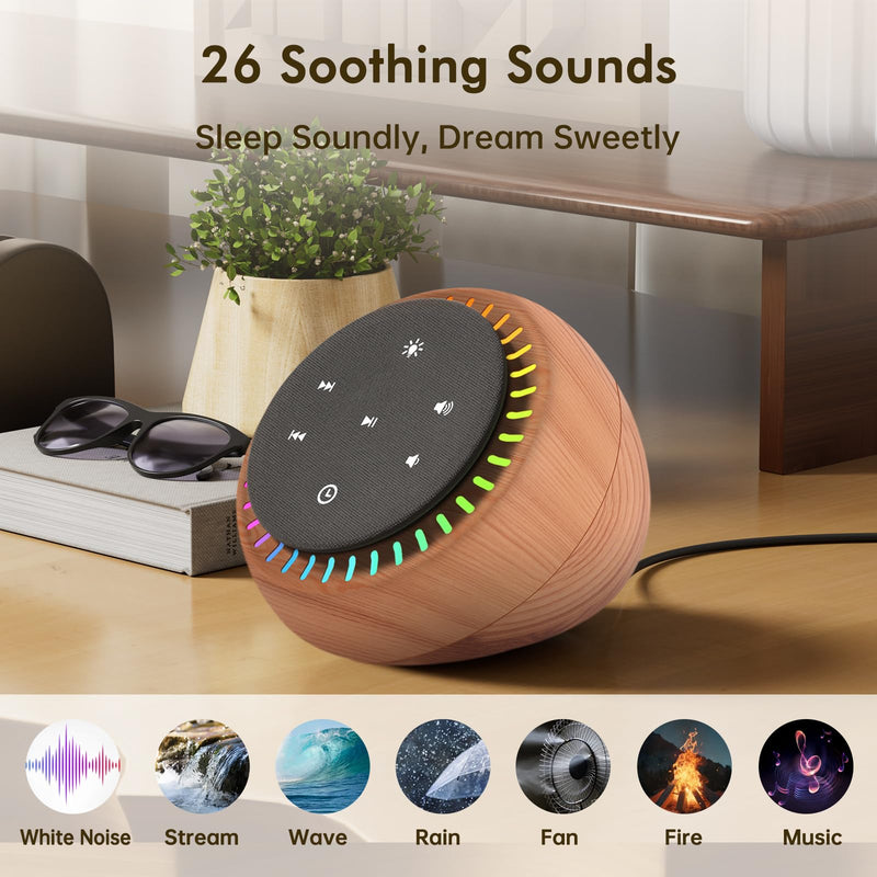 DreamSky Sound Machine for Sleep, White Noise for Sleeping Adults & Baby, Brown Noise Fan for Office Privacy & Noise Canceling, 26 Sounds & RGB Light, USB-C Powered for Home Travel, Wood Grain Small