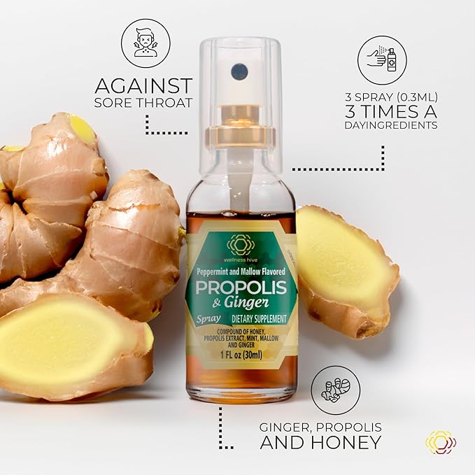 Propolis Ginger Propolis Spray Throat Spray Throat Care Honey & Ginger Flavor (30ml) [Contains Ginger Extract, Non-Alcoholic, Hypoallergenic] - BeesActive Australia