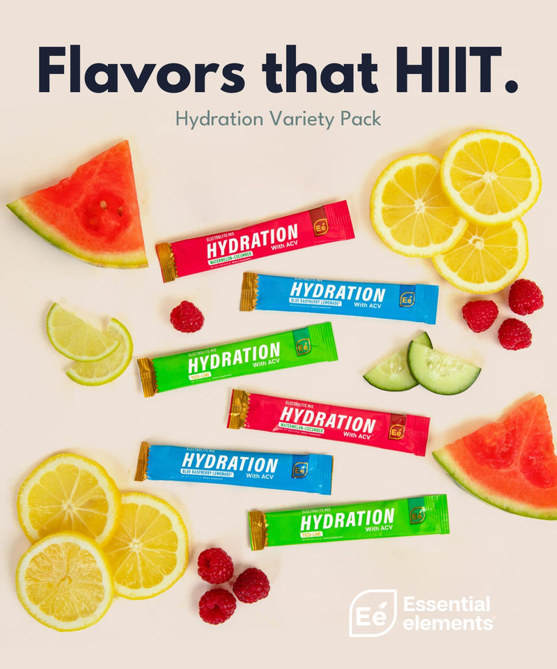 Essential Elements Hydration Packets - Variety Pack - Sugar Free Electrolytes Powder Packets - 15 Stick Packs of Electrolytes Powder No Sugar - Hydration Drink - with ACV & Vitamin C 15 Servings (Pack of 1)