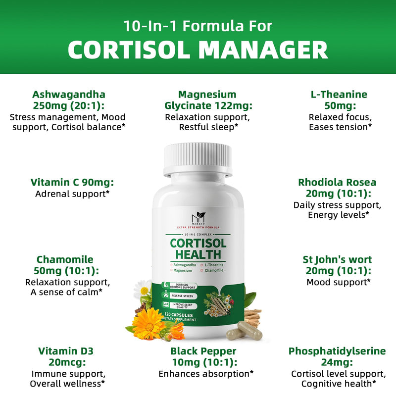 MABEFY Cortisol Supplements for Women/Men, 60 Capsules for 30 Days | 10 in 1 Cortisol Manager Reducer Lower Detox Balance with Magnesium, L-Theanine for Stress, Sleep, Calm, Mood Support 60 Count (Pack of 1)