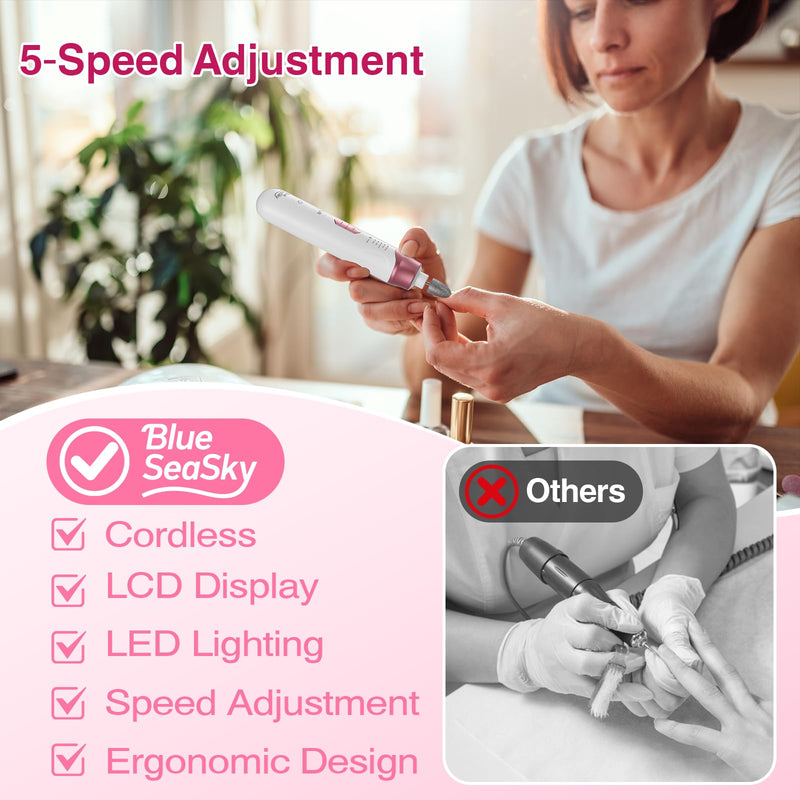 Professional Electric Nail Drill 2000mAH Portable Cordless Electric Nail File 10 in 1 Manicure Pedicure Kit ,5-Speeds Toe Nail Tools Hand Foot Care,Thick Toenail Grinder for Women Men Pets (Pink) Pink - BeesActive Australia